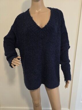 Aerie Navy Blue Teddy Boucle V-Neck Sweater Wool Blend